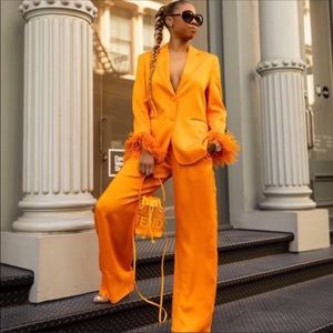 Zara Bold Orange Pantsuit with Feather Details